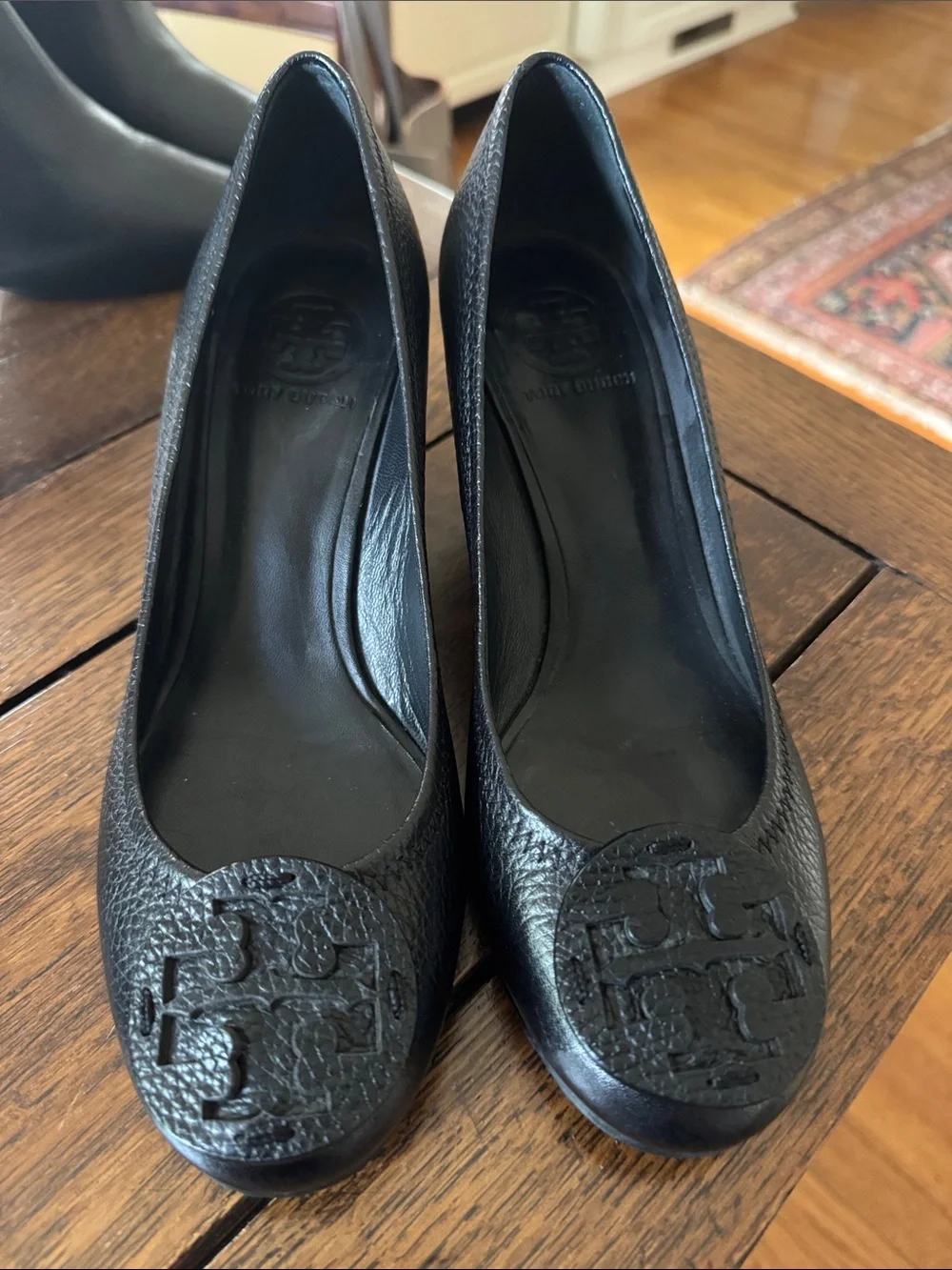 Tory Burch Black Leather Logo Wedge Pumps